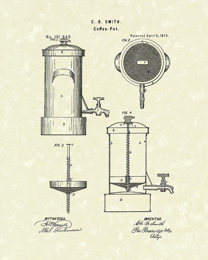 Coffee Pot 1875 Patent Art Drawing by Prior Art Design