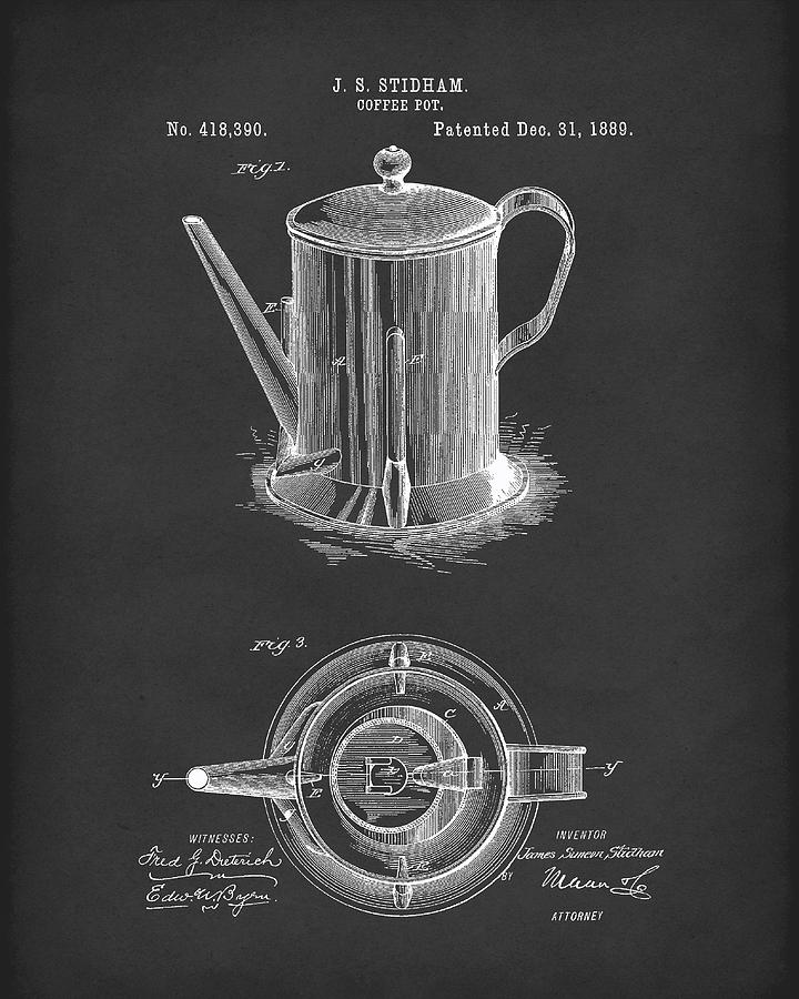Coffee Pot 1889 Patent Art Black Drawing by Prior Art Design
