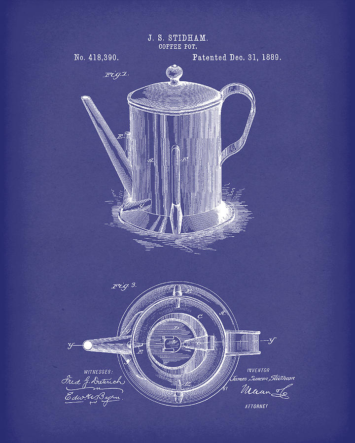 Coffee Pot 1889 Patent Art Blue Drawing by Prior Art Design