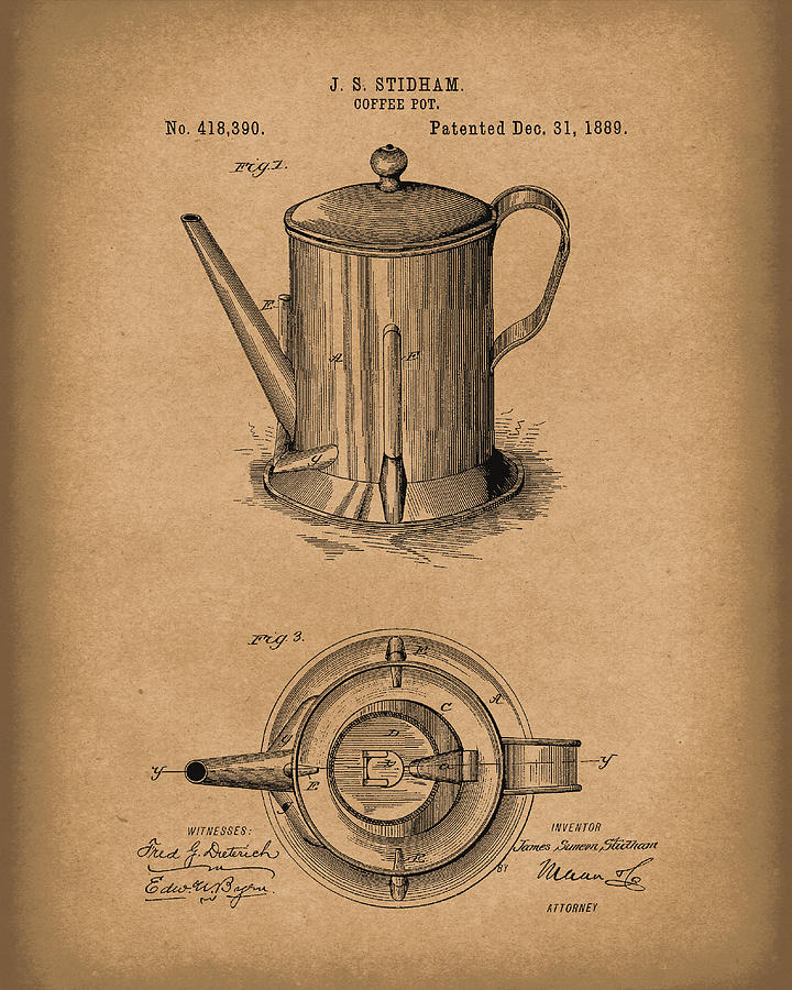 Coffee Pot 1889 Patent Art Brown Drawing by Prior Art Design