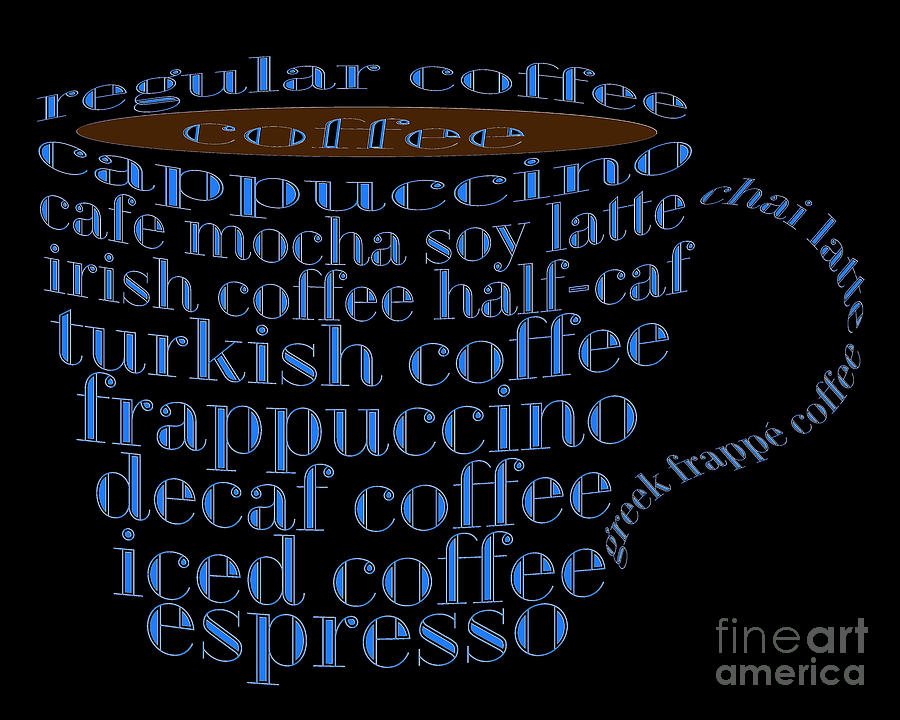 Coffee Digital Art - Coffee Shoppe Coffee Names Black 2 Typography by Andee Design