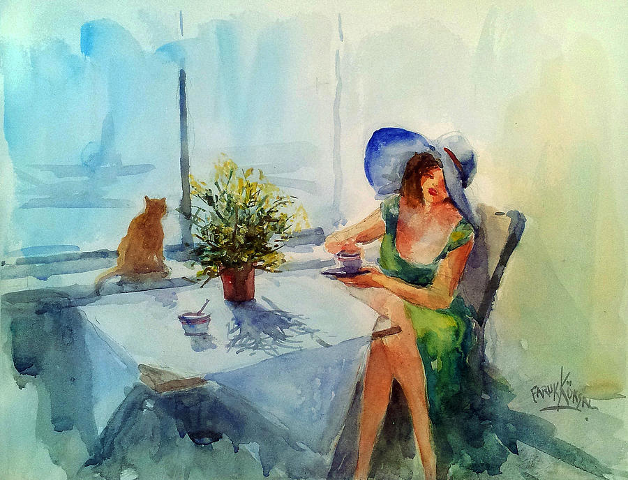 Coffee Time with Mimosas Painting by Faruk Koksal