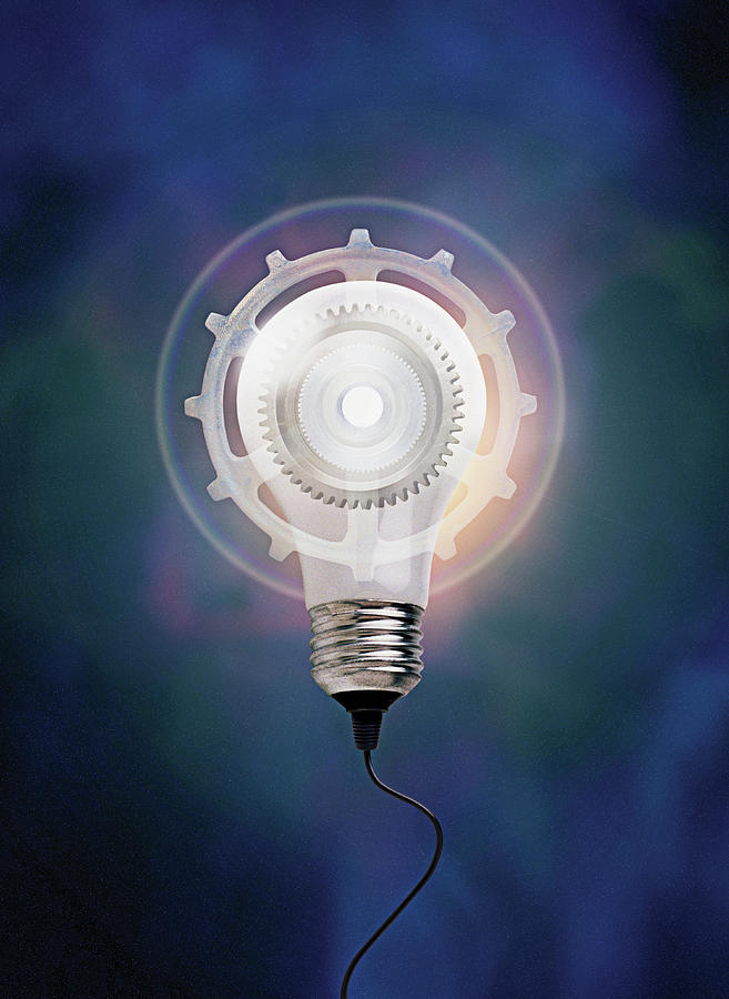 Cog-shaped Lightbulb With Cord Photograph by Ikon Ikon Images