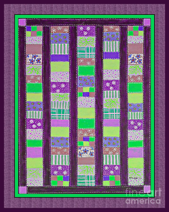 Coin Quilt - Quilt Painting - Purple and Green Patches Painting by Barbara A Griffin
