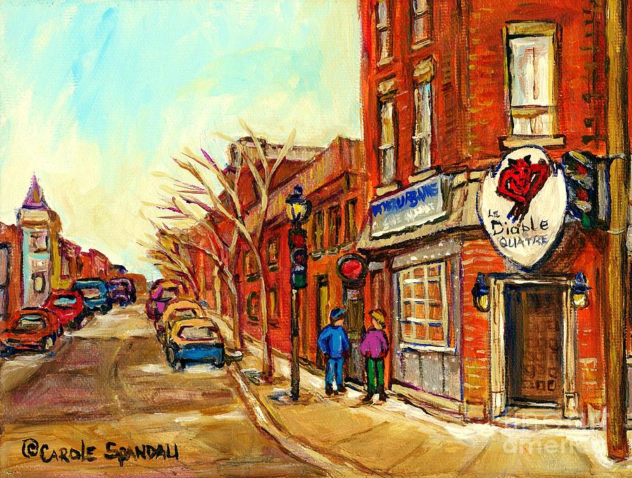 Cold Day In The Pointe Strolling By Taverne Urbaine Le Diable A Quatre Montreal Winterscene   Painting by Carole Spandau