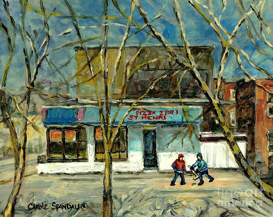 Cold Day St.henri Montreal Art Hockey Paintings Early Winter Rue Notre Dame Pizzeria Carole Spandau Painting by Carole Spandau