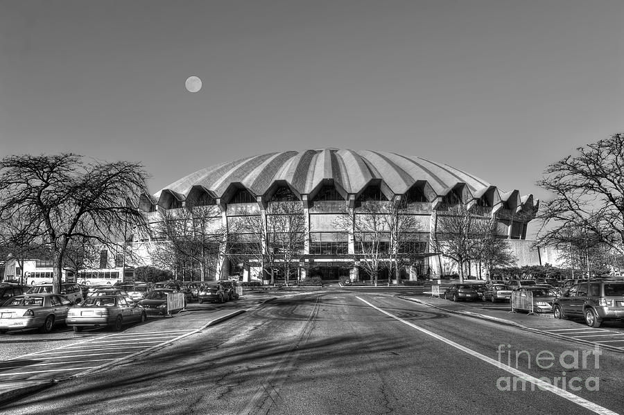 West Virginia University Photograph - Coliseum Black and  White  with moon #1 by Dan Friend