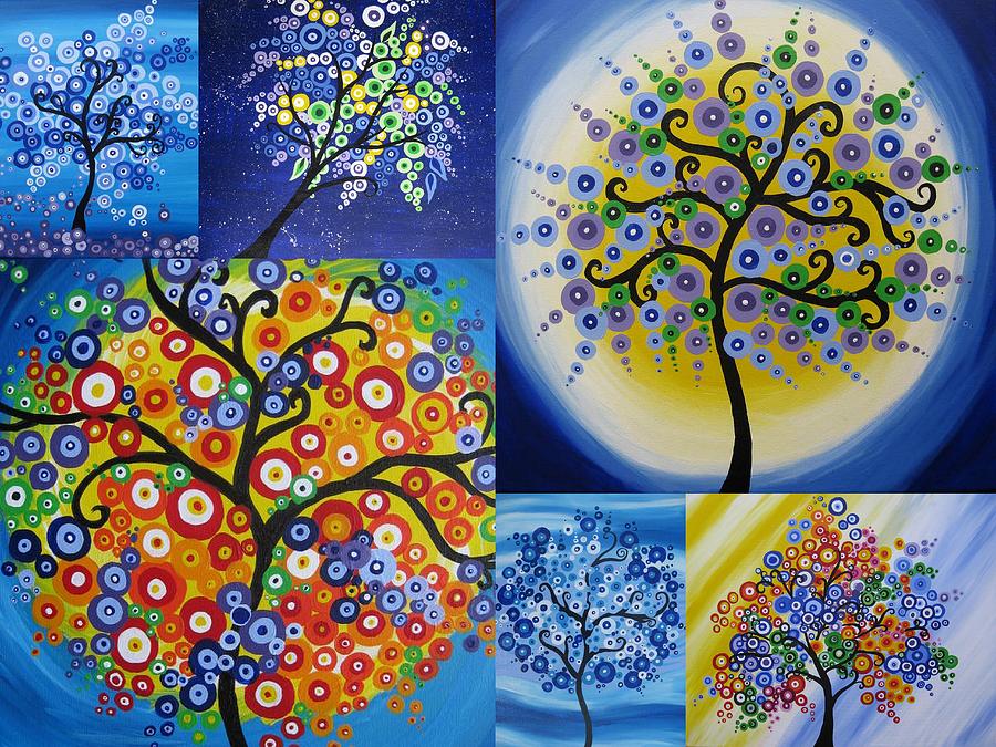 Four Seasons Trees Acrylic Round Canvas Paintings 