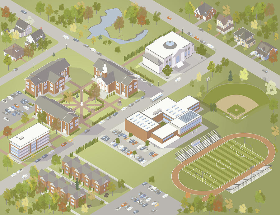 College Campus Illustration Drawing by Mathisworks