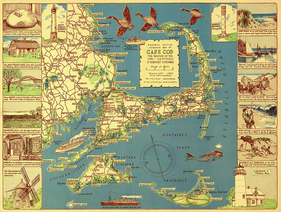 Colonial Map of Cape Cod Drawing by Mountain Dreams
