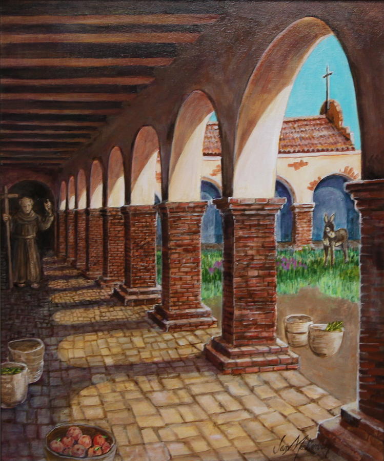 Covered Walkway Painting - Colonnade and Father and Donkey  by Jan Mecklenburg