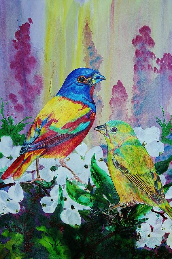 Bird Mixed Media - Colored Bunting Pair by Carolyn Valcourt