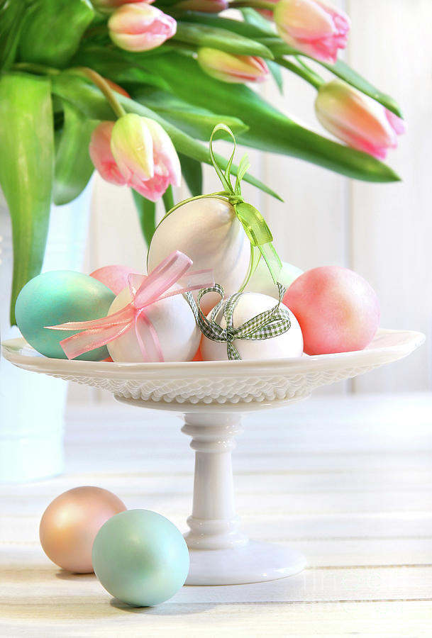 Spring Photograph - Colored eggs with bows and tulips by Sandra Cunningham