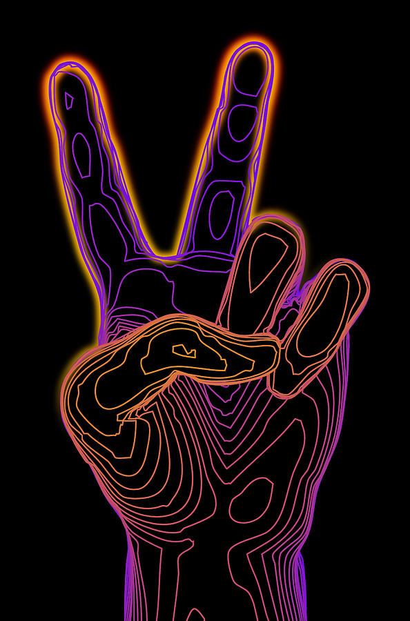 Colored topographic relief of hand giving peace sign Drawing by Ann Monn