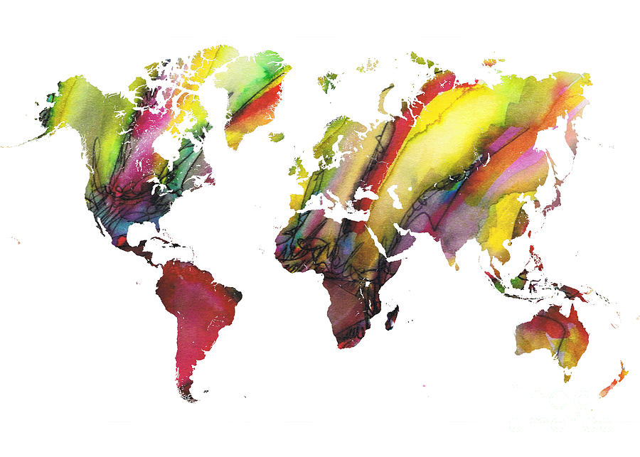Map Of The World Painting - Colored world map by Justyna Jaszke JBJart Map Of The World Painting - Colored world map by Justyna Jaszke JBJart