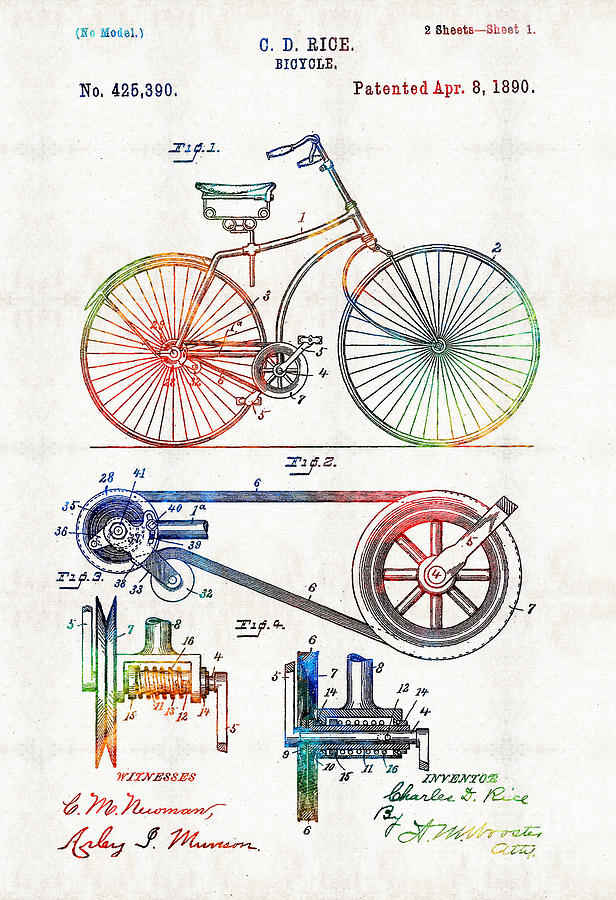 Primary Colors Painting - Colorful Bike Art - Vintage Patent - By Sharon Cummings by Sharon Cummings