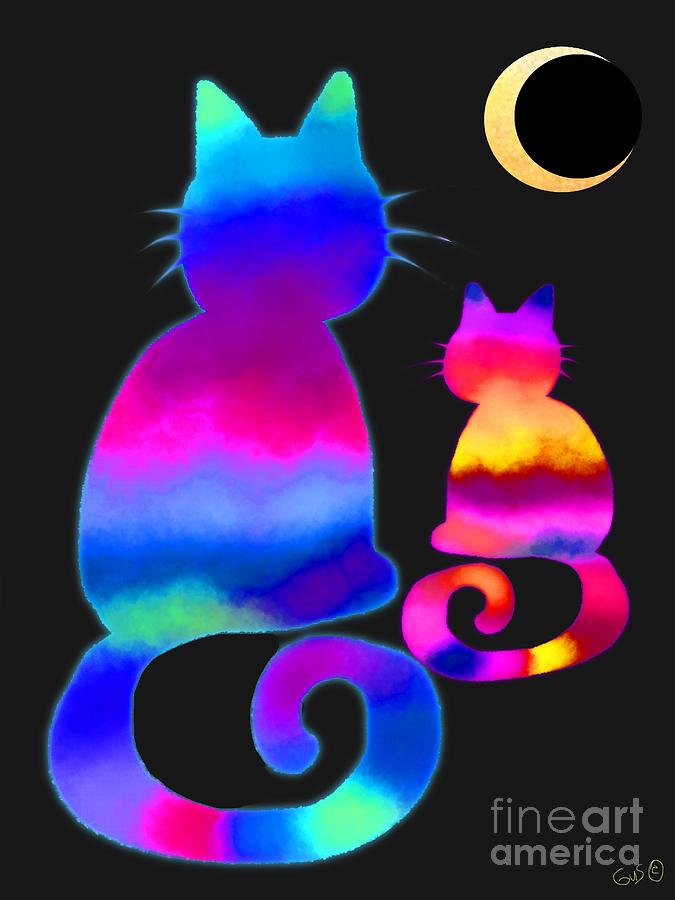 Colorful Cats and the Moon Digital Art by Nick Gustafson