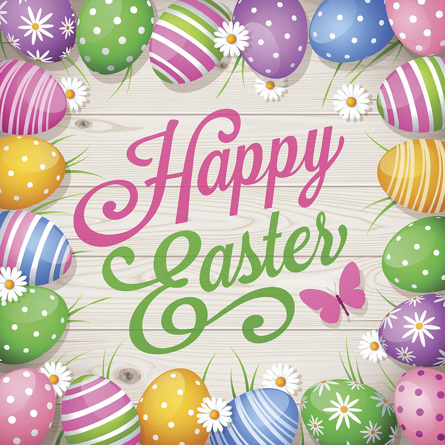 Colorful Easter eggs on wooden background and text Happy Easter Drawing by Paci77