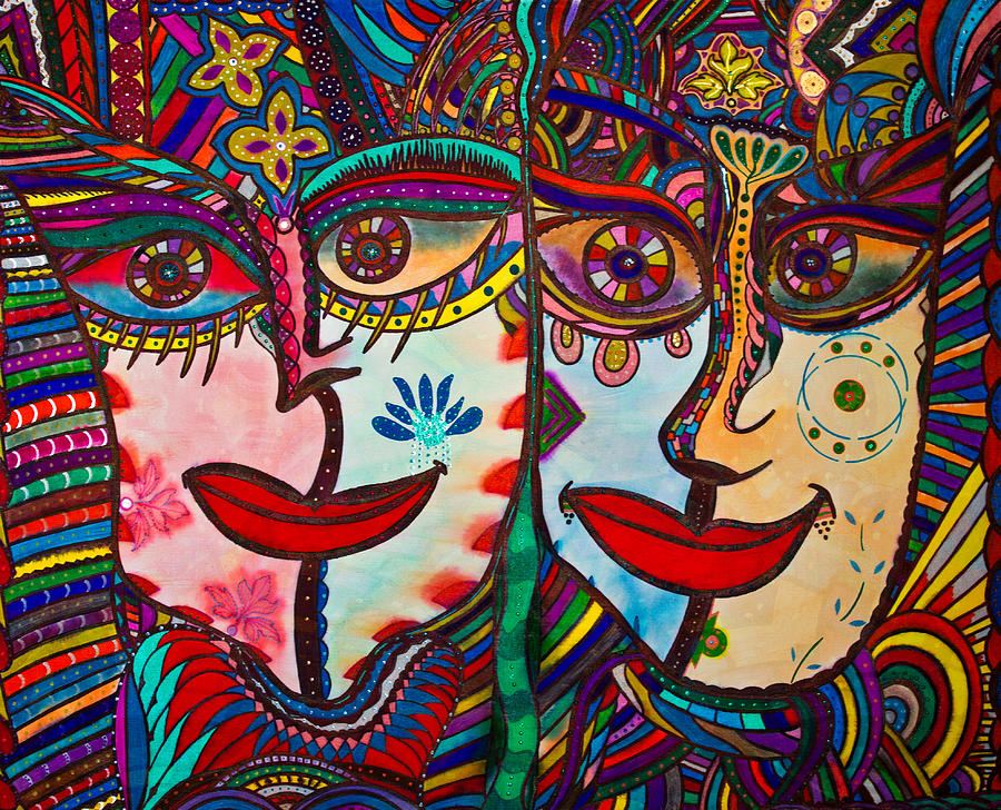 Colorful Faces Gazing - Ink Abstract Faces Painting by Marie Jamieson