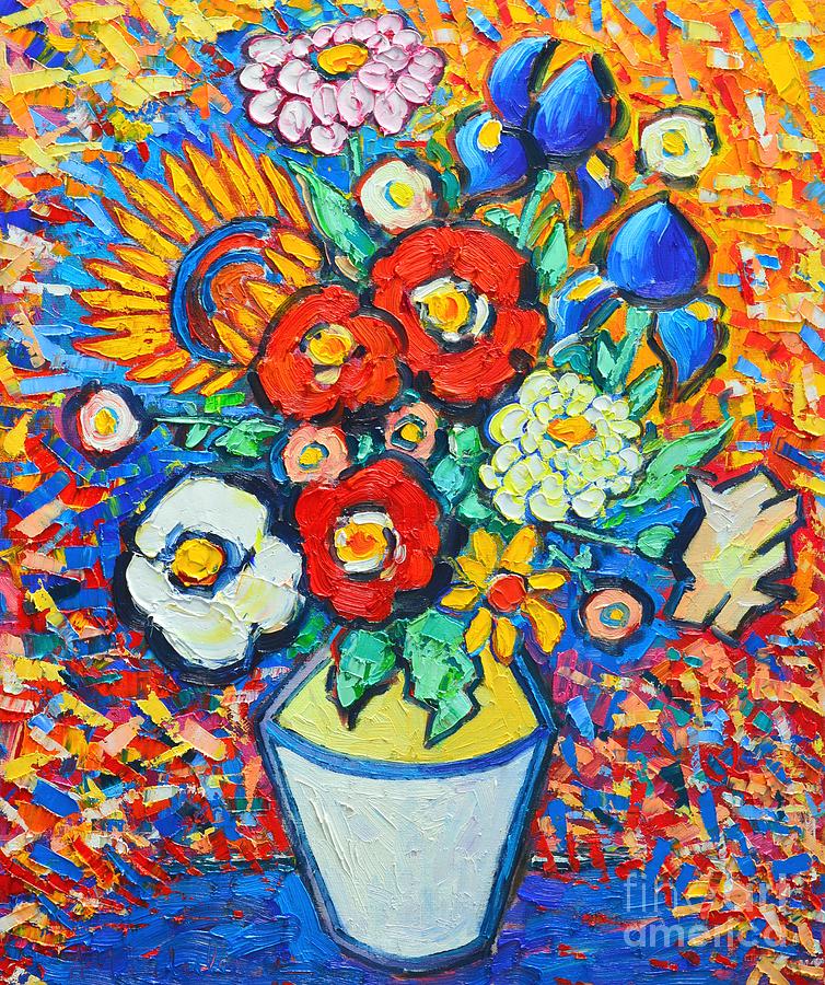 Colorful Flowers - Summer Joy - Sunflowers Poppies Irises Zinnias Wild Roses And Some Daisies  Painting by Ana Maria Edulescu