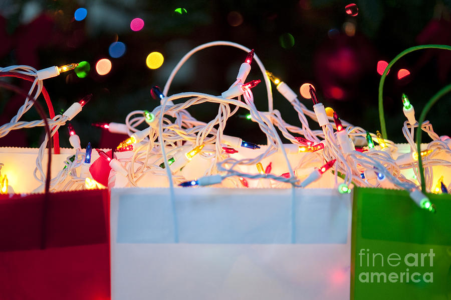 Christmas Photograph - Colorful Gift Bags With Christmas Lights by Jim Corwin