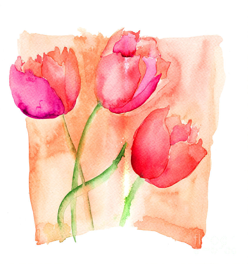 Colorful illustration of red tulips flowers  Painting by Regina Jershova