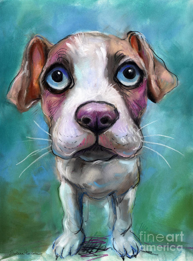 Impressionism Painting - Colorful pit bull puppy with blue eyes painting  by Svetlana Novikova