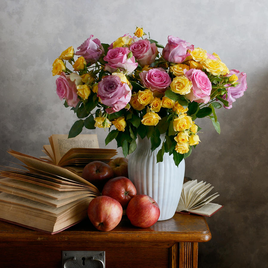 Colorful Roses and Apples Photograph by Nikolay Panov