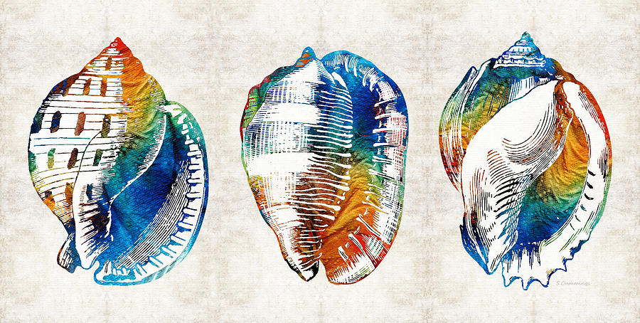 Primary Colors Painting - Colorful Seashell Art - Beach Trio - By Sharon Cummings by Sharon Cummings