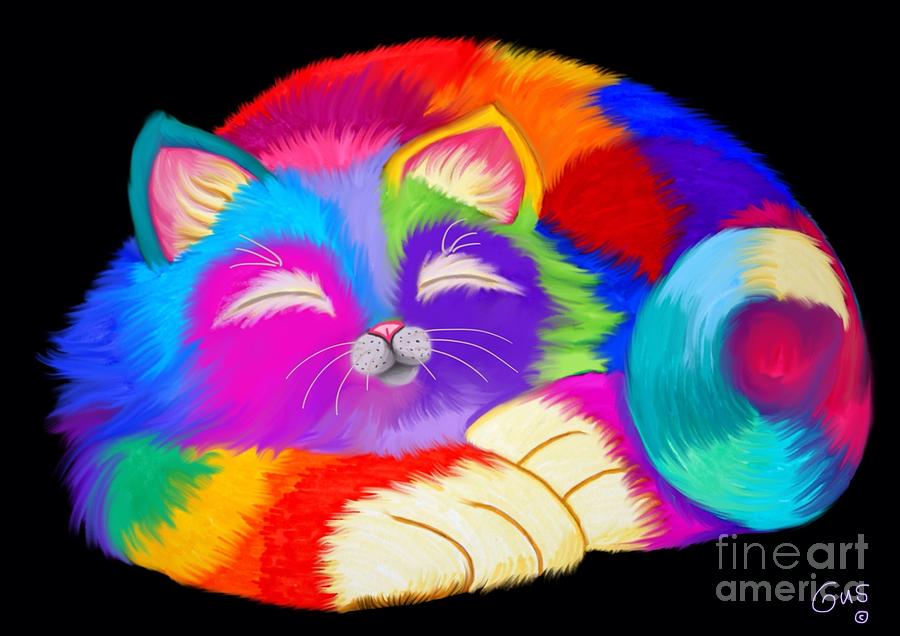 Cat Painting - Colorful Sleeping Rainbow Cat by Nick Gustafson