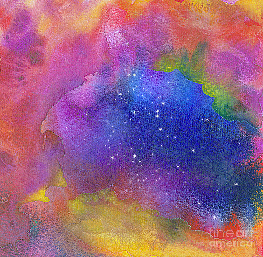 Abstract Painting - Colorful space with stars original art watercolor texture backgr by Ingela Christina Rahm