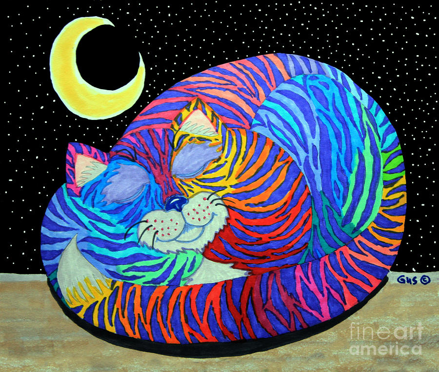 Colorful Striped Cat In The Moonlight Drawing