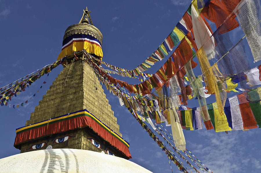 Colorful traditional Buddhist prayer flags golden stupa temple Bhaktapur Nepal Photograph by fotoVoyager
