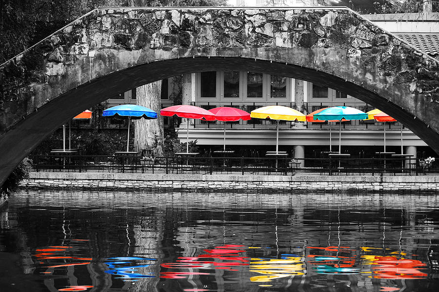 Colorful Umbrellas Reflected in Riverwalk Under Foot Bridge San Antonio Texas Color Splash Digital Photograph by Shawn OBrien