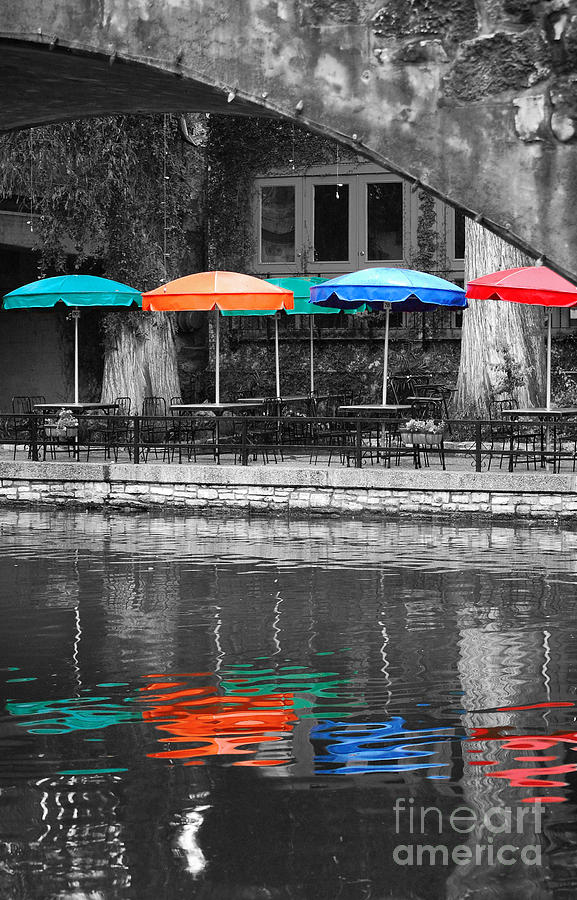 Colorful Umbrellas Reflected in Riverwalk Under Footbridge San Antonio Color Splash Digital Art Vert Photograph by Shawn OBrien