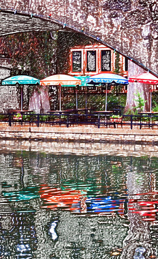 Colorful Umbrellas Reflected in Riverwalk Under Footbridge San Antonio Colored Pencil Digital Art Digital Art by Shawn OBrien