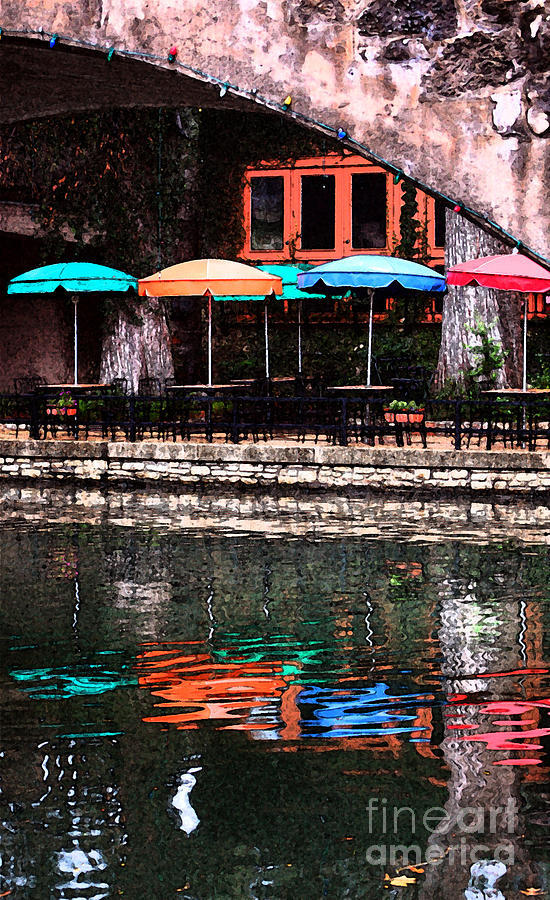Colorful Umbrellas Reflected in Riverwalk Under Footbridge San Antonio Fresco Digital Art Vertical Digital Art by Shawn OBrien