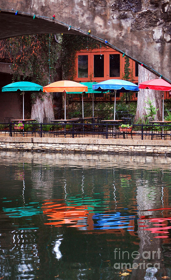 Colorful Umbrellas Reflected in Riverwalk Under Footbridge San Antonio Texas Vertical Format Photograph by Shawn OBrien