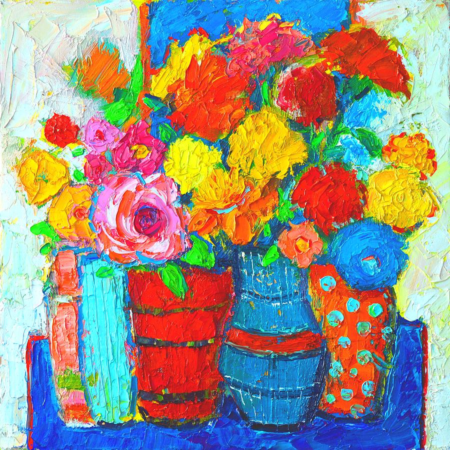 Colorful Vases And Flowers - Abstract Expressionist Painting Painting by Ana Maria Edulescu