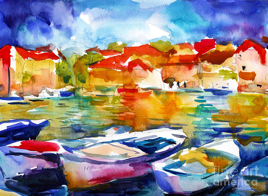 Boat Painting - Colorful watercolor boats european water scape by Svetlana Novikova