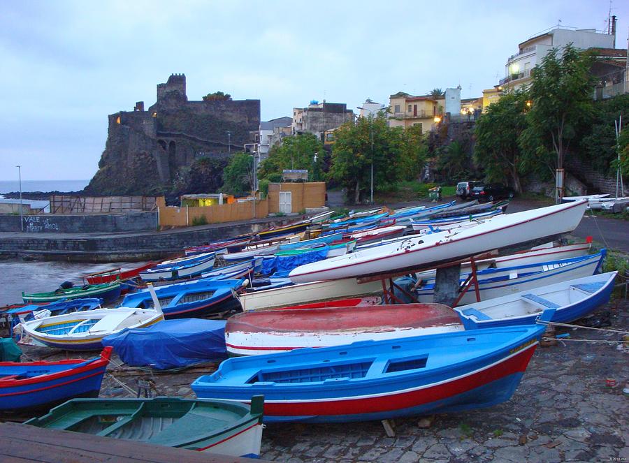 Colorful Wooden Fishing Boats of Aci Castello Sicily with 11th Century Norman Castle Photograph by Jeff at JSJ Photography