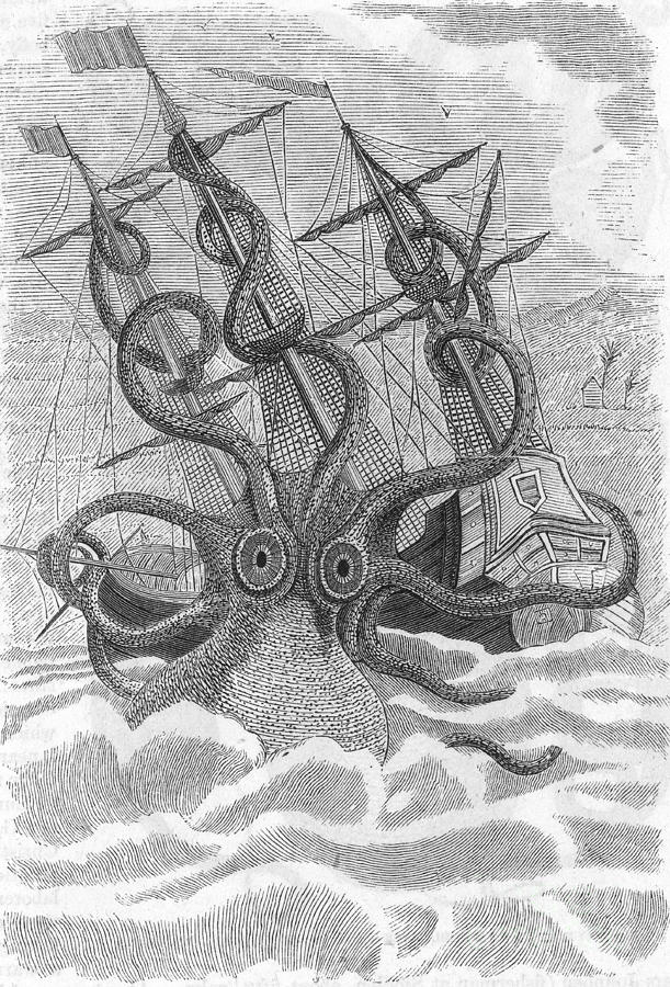 Octopus Photograph - Colossal Octopus Attacking Ship, 1801 by Photo Researchers