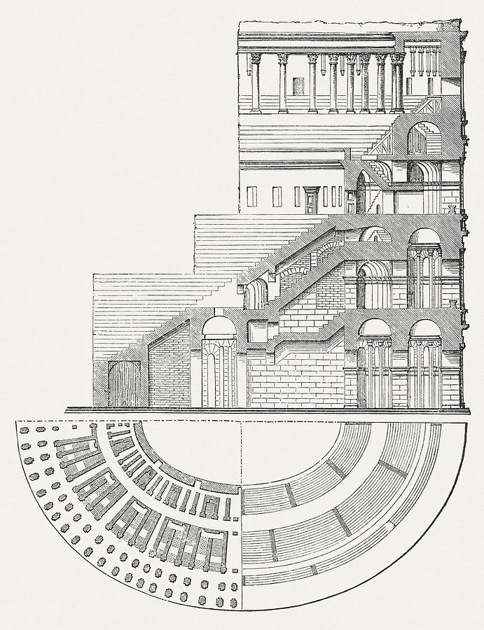 Colosseum in Rome, Italy, Cross-section and plan view, published 1876 Drawing by Zu_09