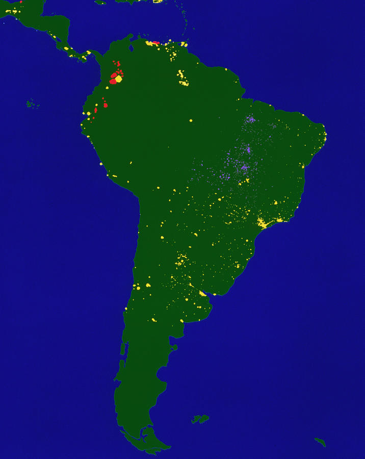 Coloured Satellite Image Of South America At Night Photograph by Copyright W.t. Sullivan Iii/science Photo Library