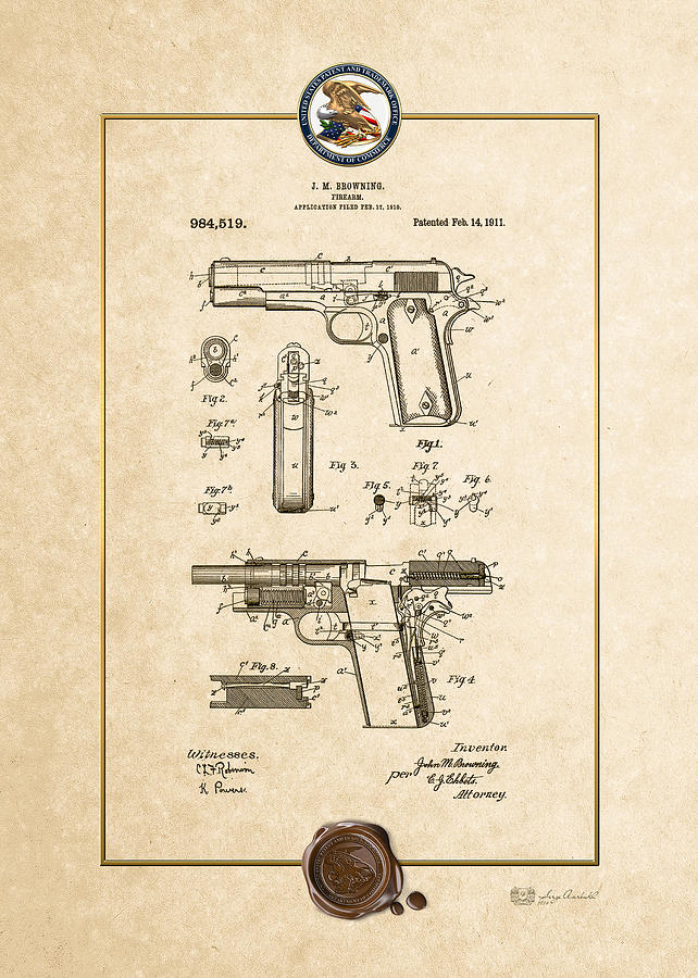 Colt 1911 by John M. Browning - Vintage Patent Document Digital Art by Serge Averbukh