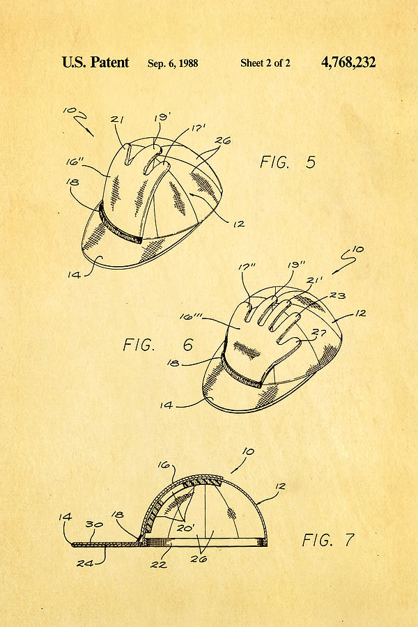 Unique Photograph - Combined Baseball Glove Cap Patent Art 1988 by Ian Monk