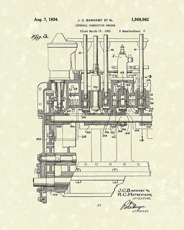 Combustion Engine 1934 Patent Art Drawing by Prior Art Design