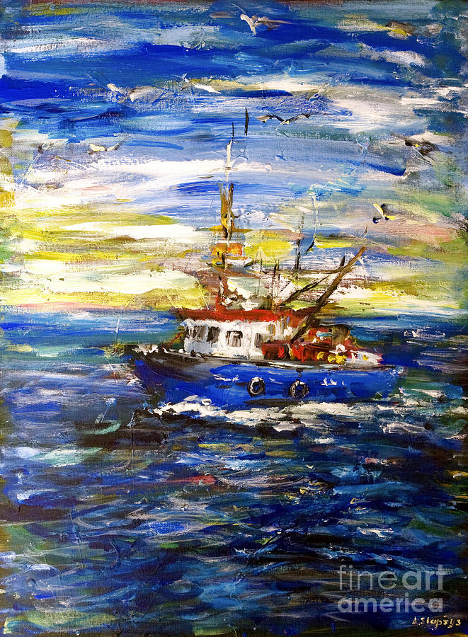 Boat Painting - Coming back by Arturas Slapsys