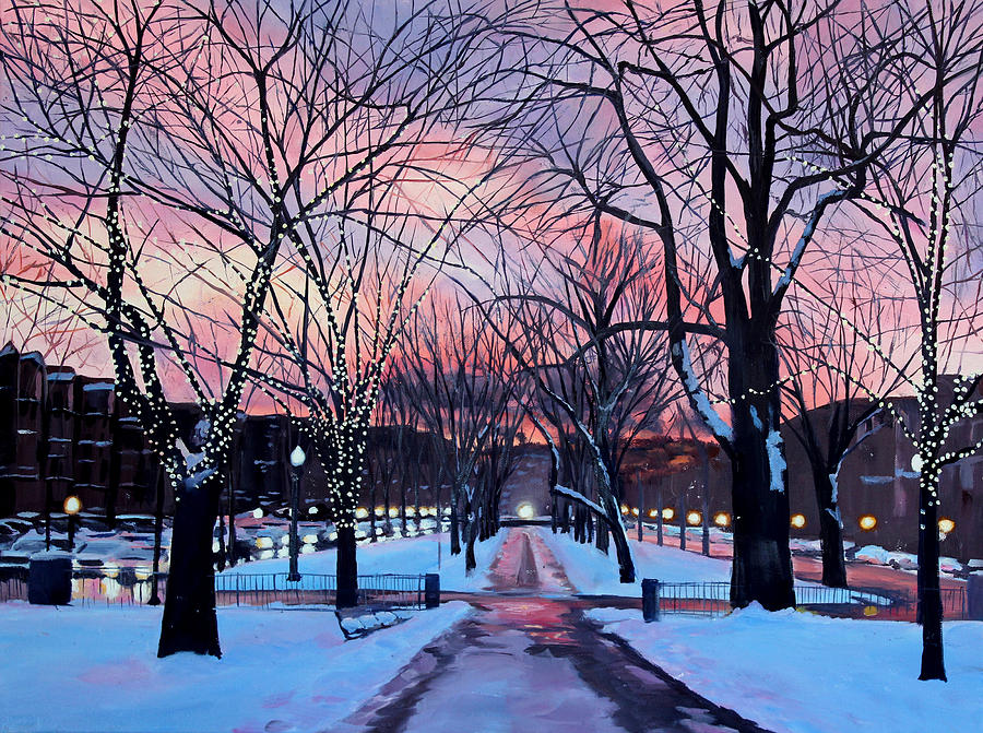 Winter Painting - Snowfall on Comm Ave Boston  by Sue Birkenshaw