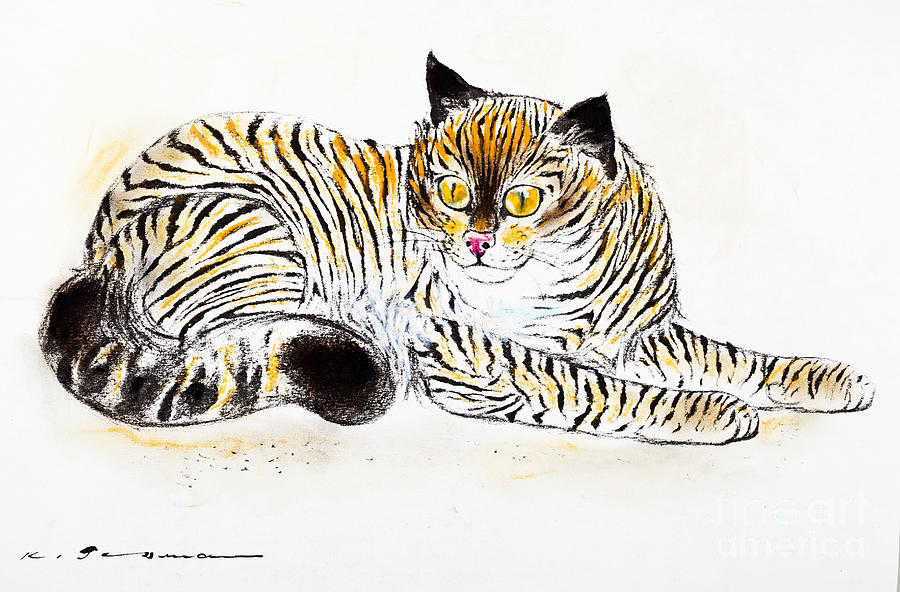 Cat Drawing - Common mackerel tabby cat by Kurt Tessmann